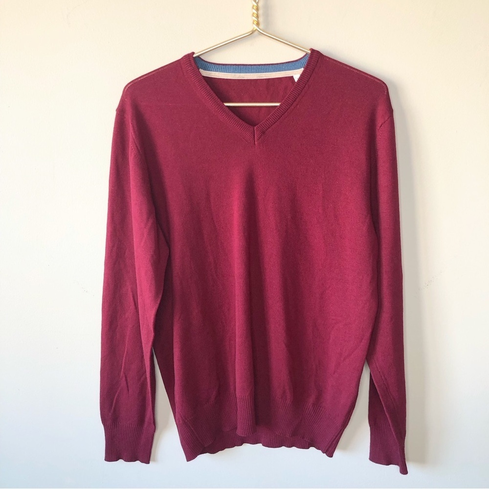 Zegna Baruffa Men's Italian Merino Wool Burgundy V-neck Elbow Patch Sweater L